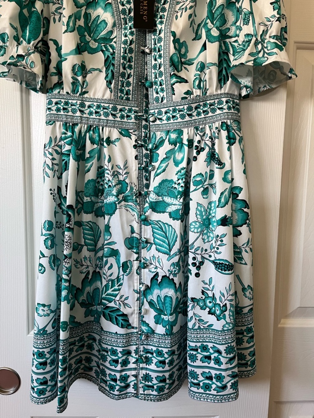 Lai Meng Five Cats Women's Puff Sleeve V-Neck Print Split Mini Dress, XS, NWT - Picture 9 of 13